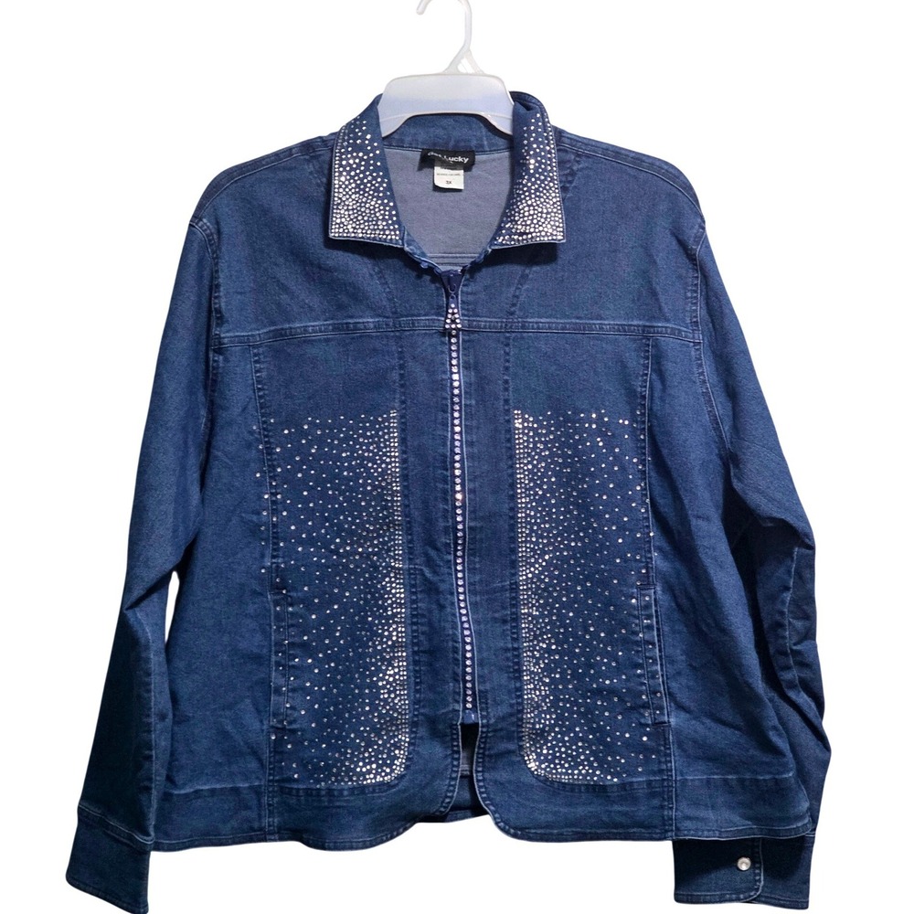 Get Lucky USA Women 3X Blue Rhinestone Zip Front Stretch Denim Jacket